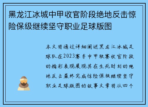 黑龙江冰城中甲收官阶段绝地反击惊险保级继续坚守职业足球版图