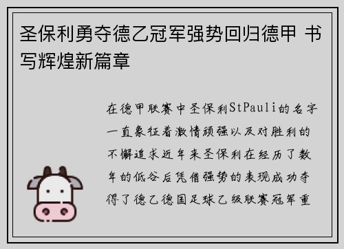 圣保利勇夺德乙冠军强势回归德甲 书写辉煌新篇章
